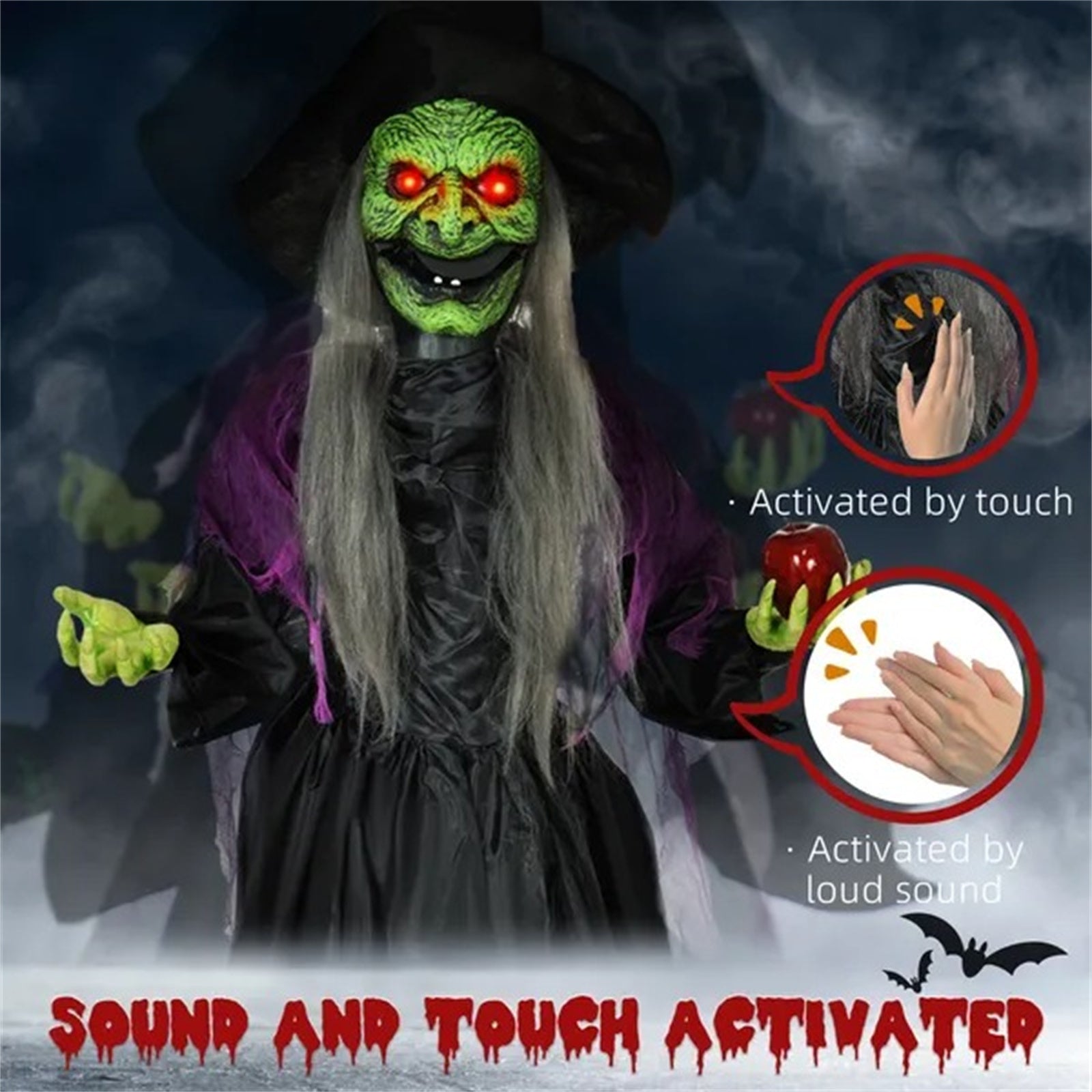 5.9' Life Size Decoration Animatronic Old Witch Outdoor Halloween, Sound And Motion Activated W Light Up Eyes