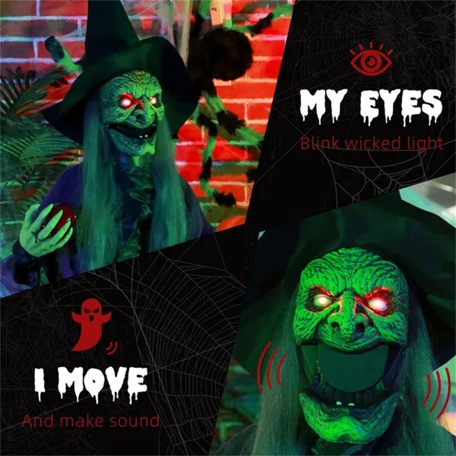 5.9' Life Size Decoration Animatronic Old Witch Outdoor Halloween, Sound And Motion Activated W Light Up Eyes