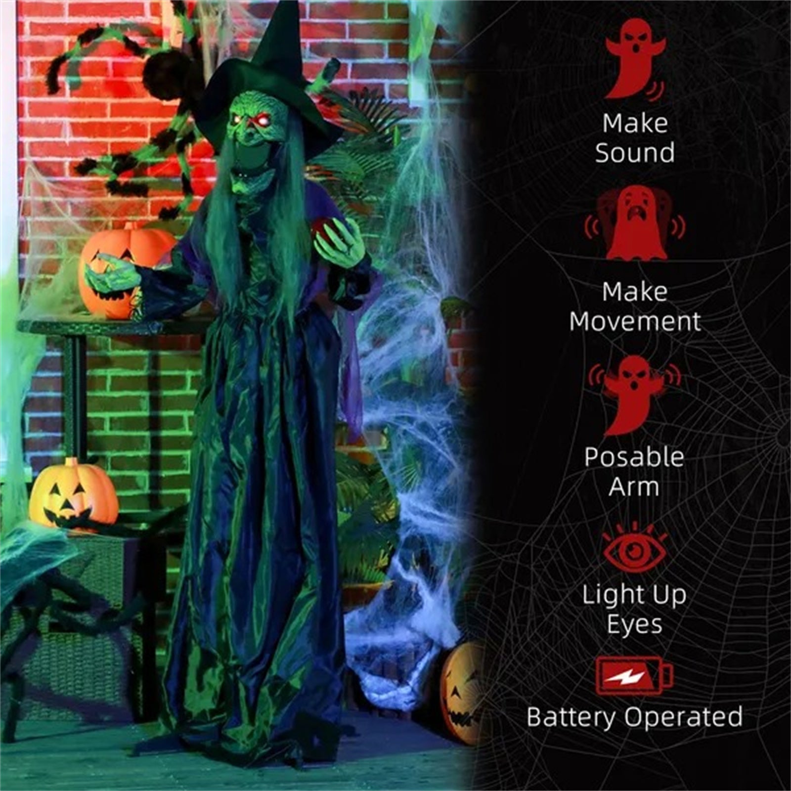 5.9' Life Size Decoration Animatronic Old Witch Outdoor Halloween, Sound And Motion Activated W Light Up Eyes